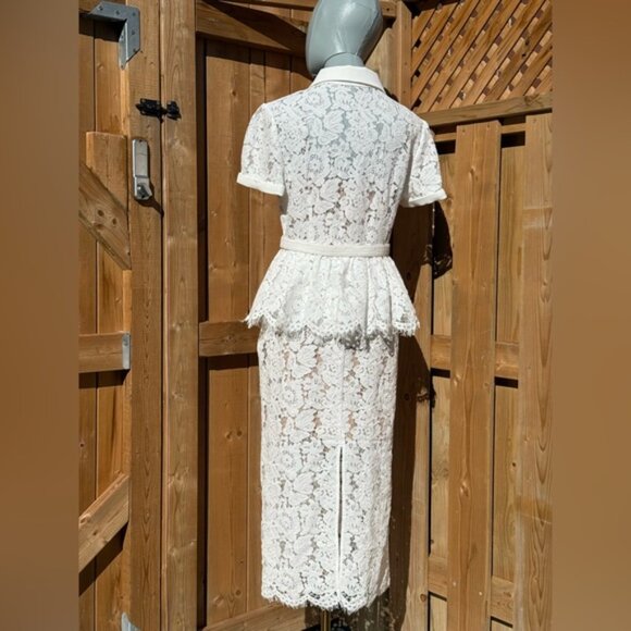 🆕 SELF-PORTRAIT 🧿 NWOT White Lace Peplum Belted Midi Dress, Sz UK 10 US 6 - Picture 7 of 16